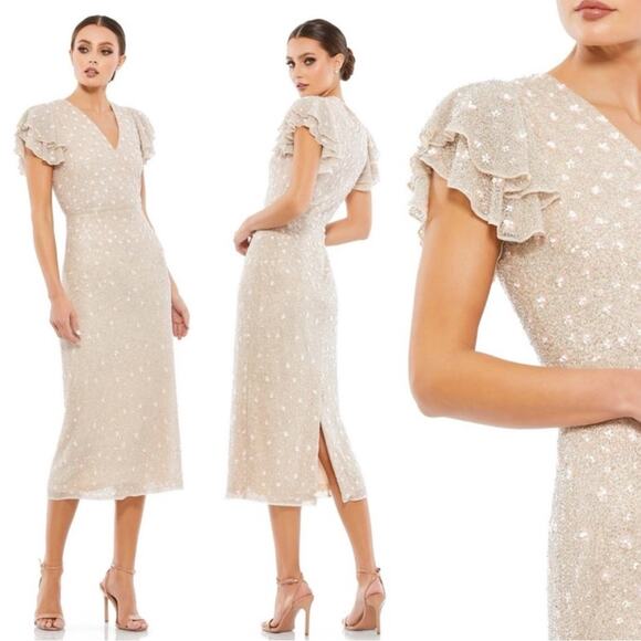 NWT MAC DUGGAL 10810 Floral Beaded V-Neck Short Flutter Sleeve Midi Dress Oyster - Picture 13 of 13